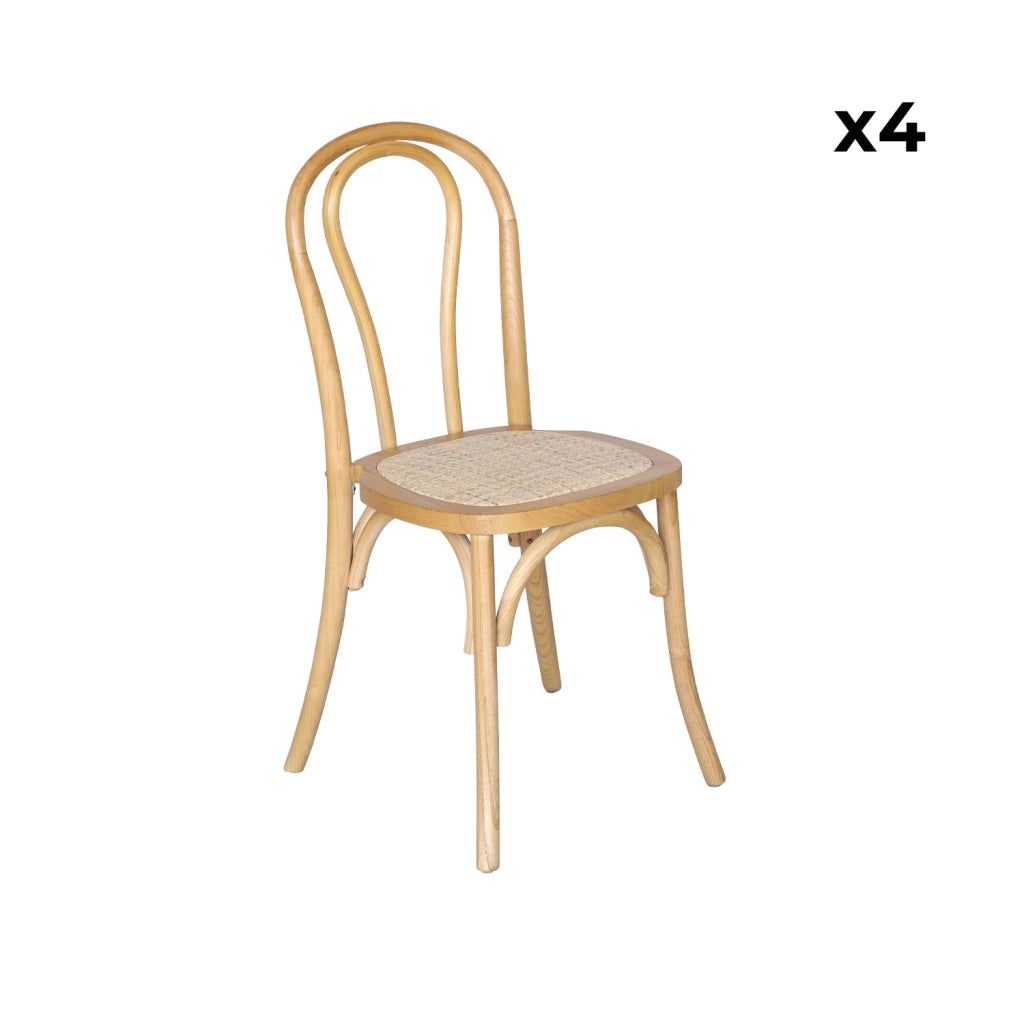 Set di 4 sedie vintage in legno e rattan, marrone naturale