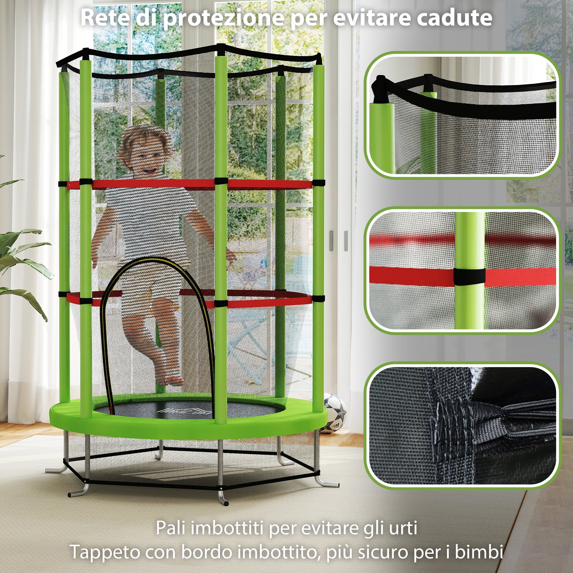 Tappeto Elastico per Bambini 3-6 Anni Ø140x190 cm con Rete di Protezione Verde e Nero