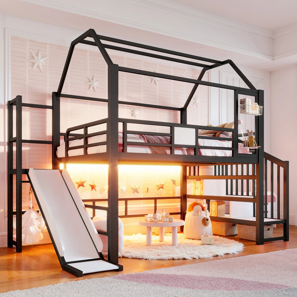 Letto a soppalco per bambini con scivolo; LED Bluetooth e scala; 140 x 200 cm; nero