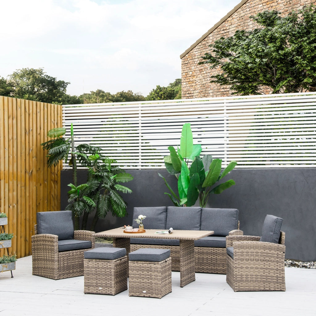 Set Salotto da Giardino in Rattan PE con Divano 3 Posti, 2 Poltrone, 2 Sgabelli e Tavolo, Grigio