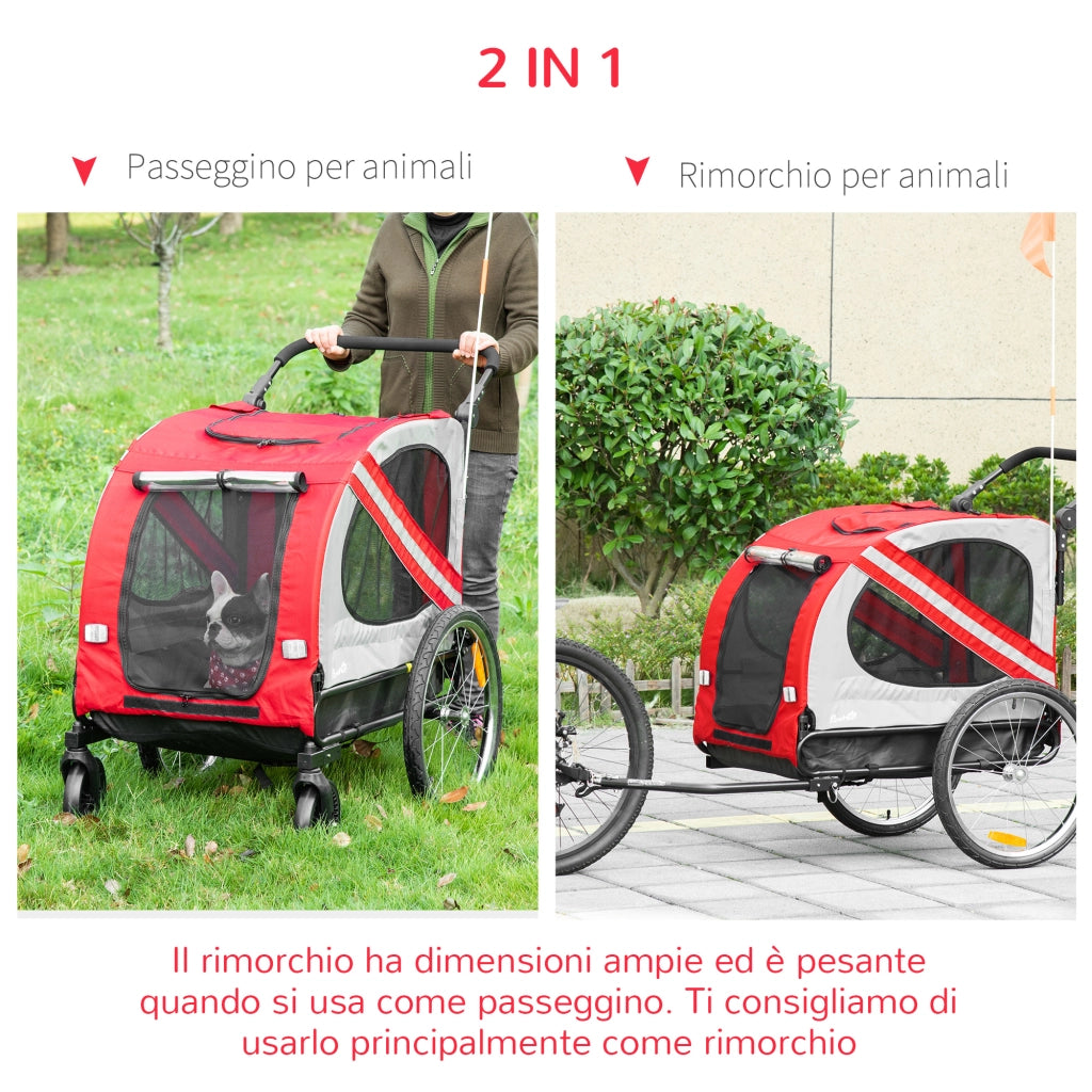 Easycomfort Rimorchio Cani con Ingresso a Cerniera, Ruote e Bandiera, in Acciaio e tessuto Oxford, Rosso Argento Nero