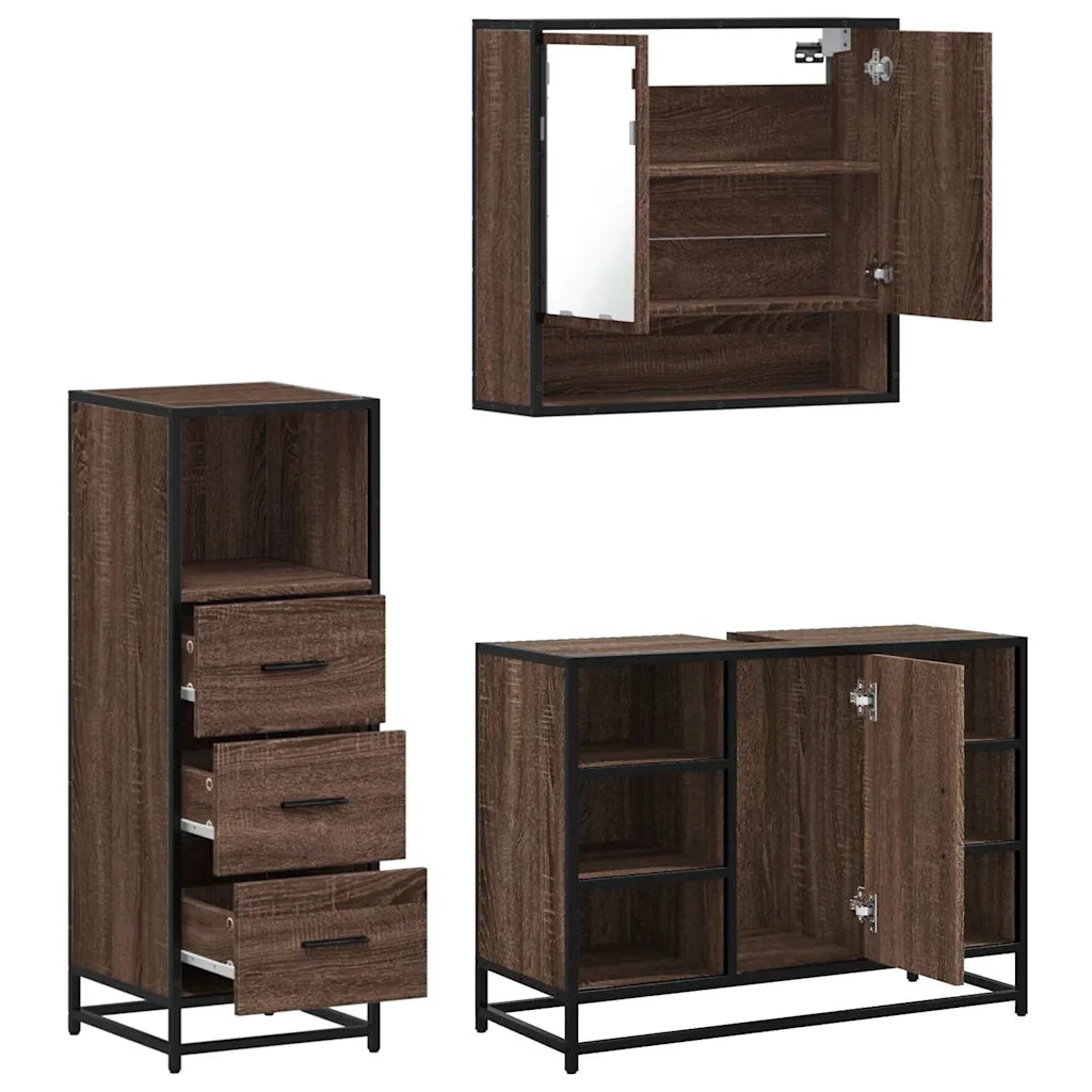 Set Mobili da Bagno 3 pz Rovere Marrone in Legno Multistrato