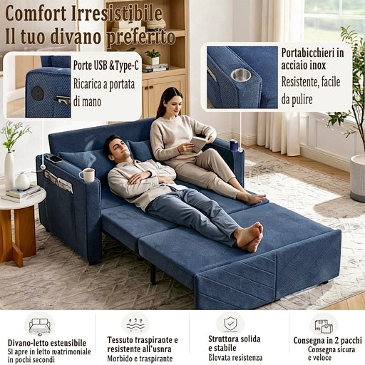 Divano letto 2 posti blu navy 195x134x73 cm 3 in 1 trasformabile con USB