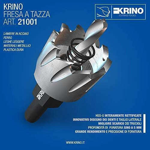 KRINO MM37 Fresa a Tazza in Acciaio HSS-G Diametro 37 mm con Gambo e Punta Pilota colore Nero