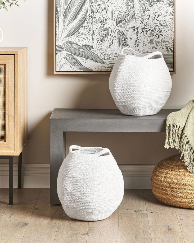 Set di 2 cesti portaoggetti in cotone bianco 20 x 30 cm Portabiancheria Contenitori intrecciati a mano