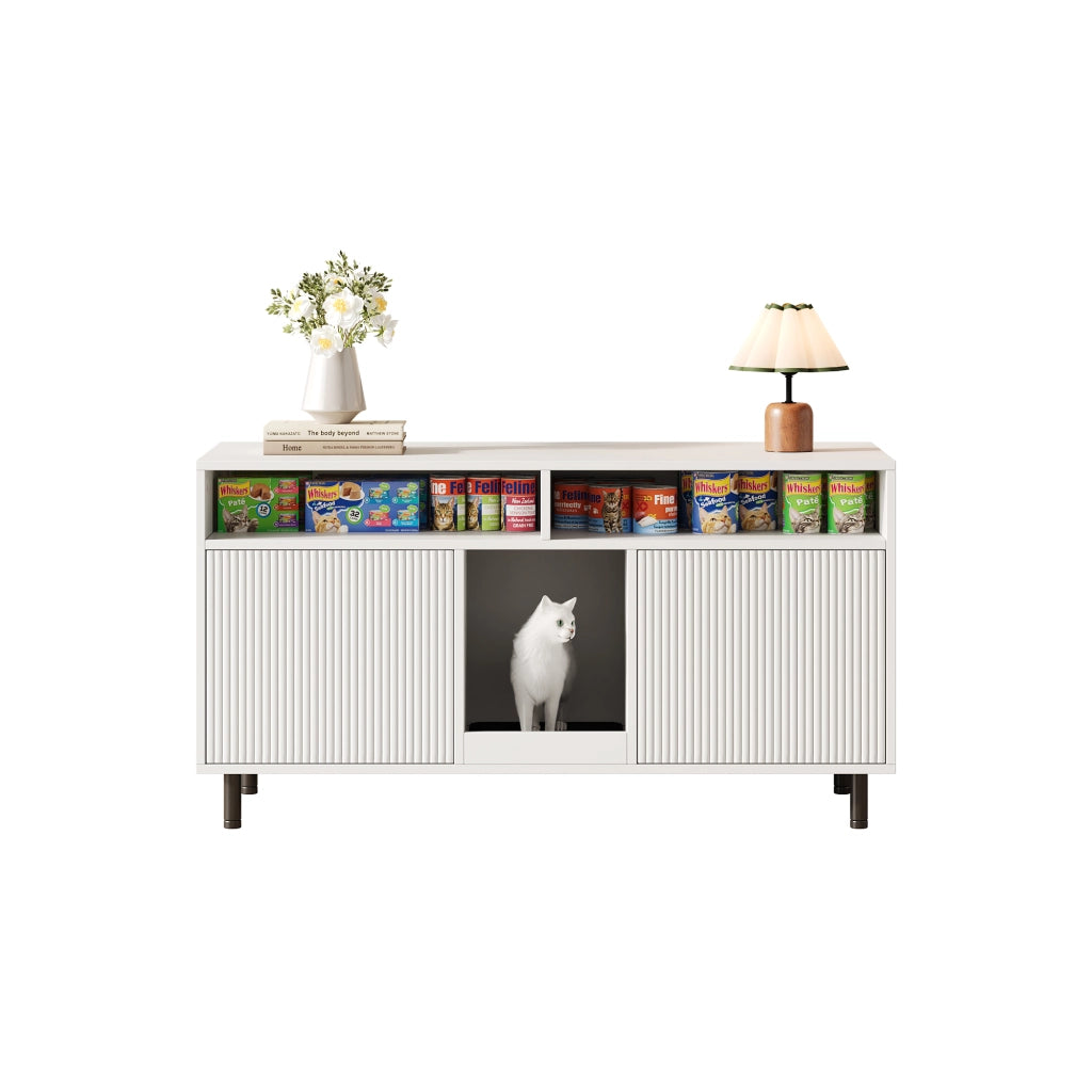 Mobile Lettiera per 2 Gatti 120×50×66 cm con Tappetino Raccogli Sabbia; Ripiani e 2 Ante; Bianco
