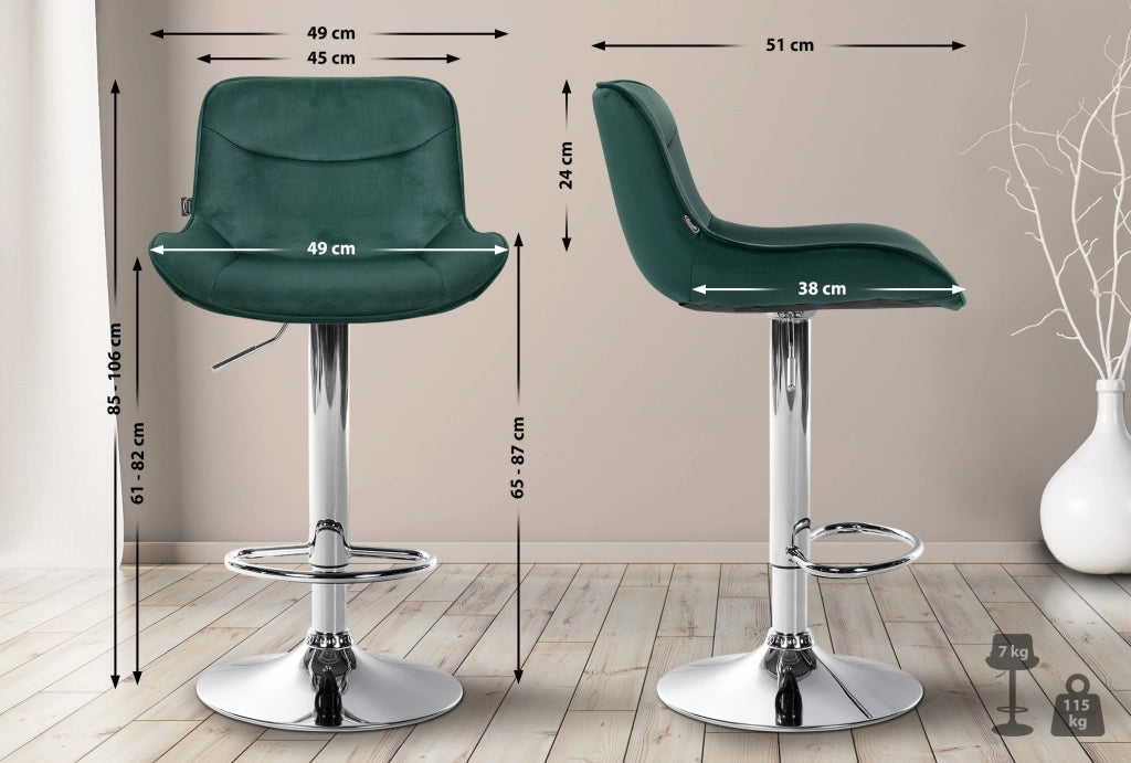 Set di 2 sgabelli da bar Vonore in velluto verde,cromo