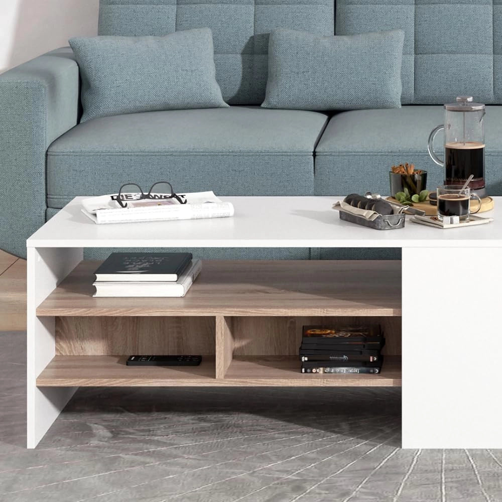 Tavolino Fabien, Bianco, 110 x 60 cm, con ripiani aperti per organizzare gli accessori per la casa