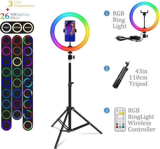 Stativo per Selfie con Lampada - Stativo per Telefono - Stativo per Selfie - 26 cm Ring Light - 200 cm Stativo - Comando a Distanza per Lampada - Regolazione di Colore e Temperatura