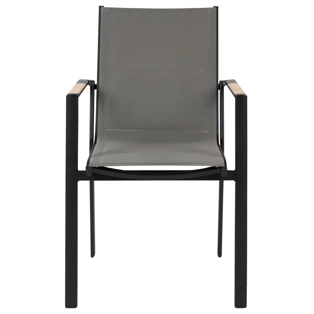 Set di mobili da esterno tavolo rotondo da pranzo nero 110 cm in alluminio e legno sintetico 4 sedie cuscini grigi