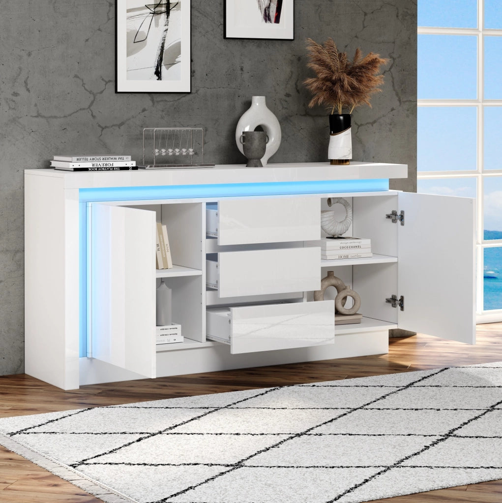 Sideboard bianco lucido con LED, 2 ante e 3 cassetti 140x35x72 cm