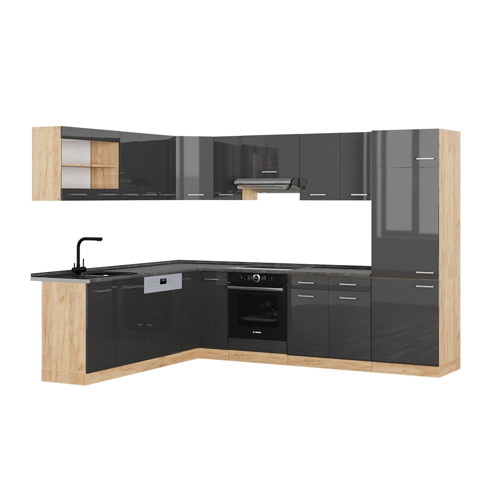 Cucina angolare completa R-Line Antracite lucido/Rovere dorato 287 x 60 cm, PL Antracite Vicco
