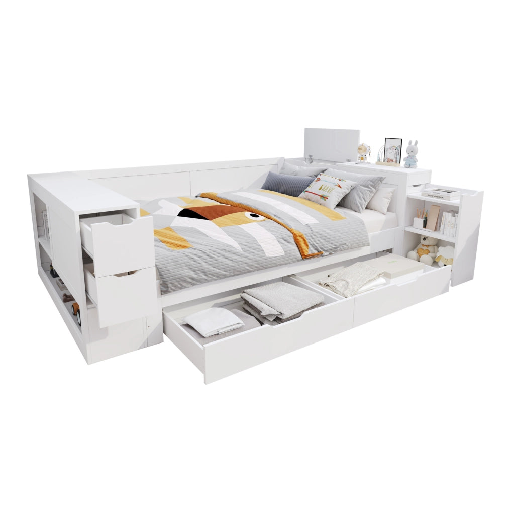 Letto multifunzione 140x200 cm con contenitore; cassetto e comodino estraibile; bianco in MDF