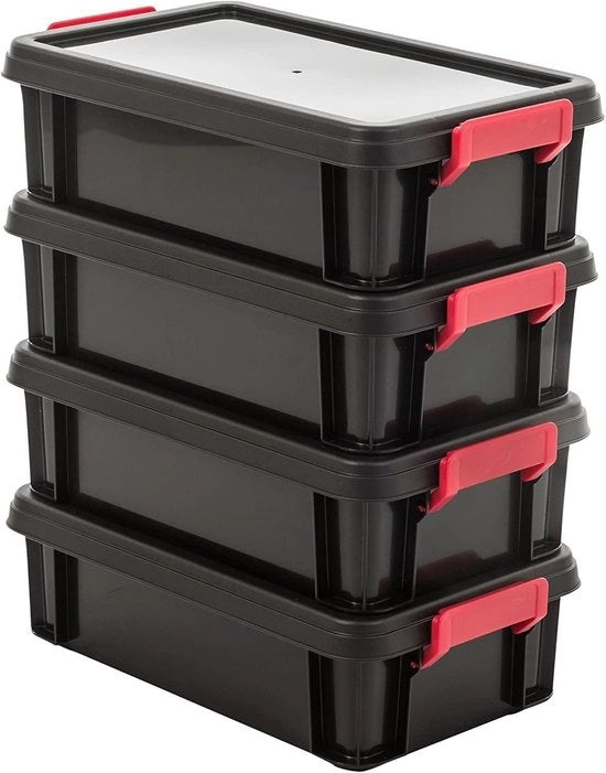 Set di contenitori in plastica per attrezzi con coperchio e chiusura clip 4L Set di 4 contenitori altrettanto alti BPA liberi per Zona di stoccaggio Serra Garage - nero
