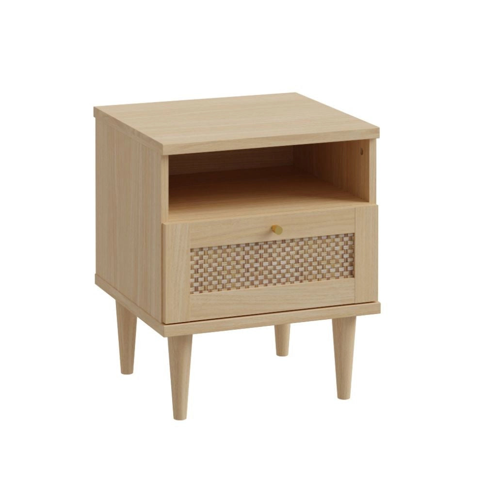 Comodino Livia 1 cassetto in rovere con dettaglio effetto rattan 45.4x41.4x54.5H