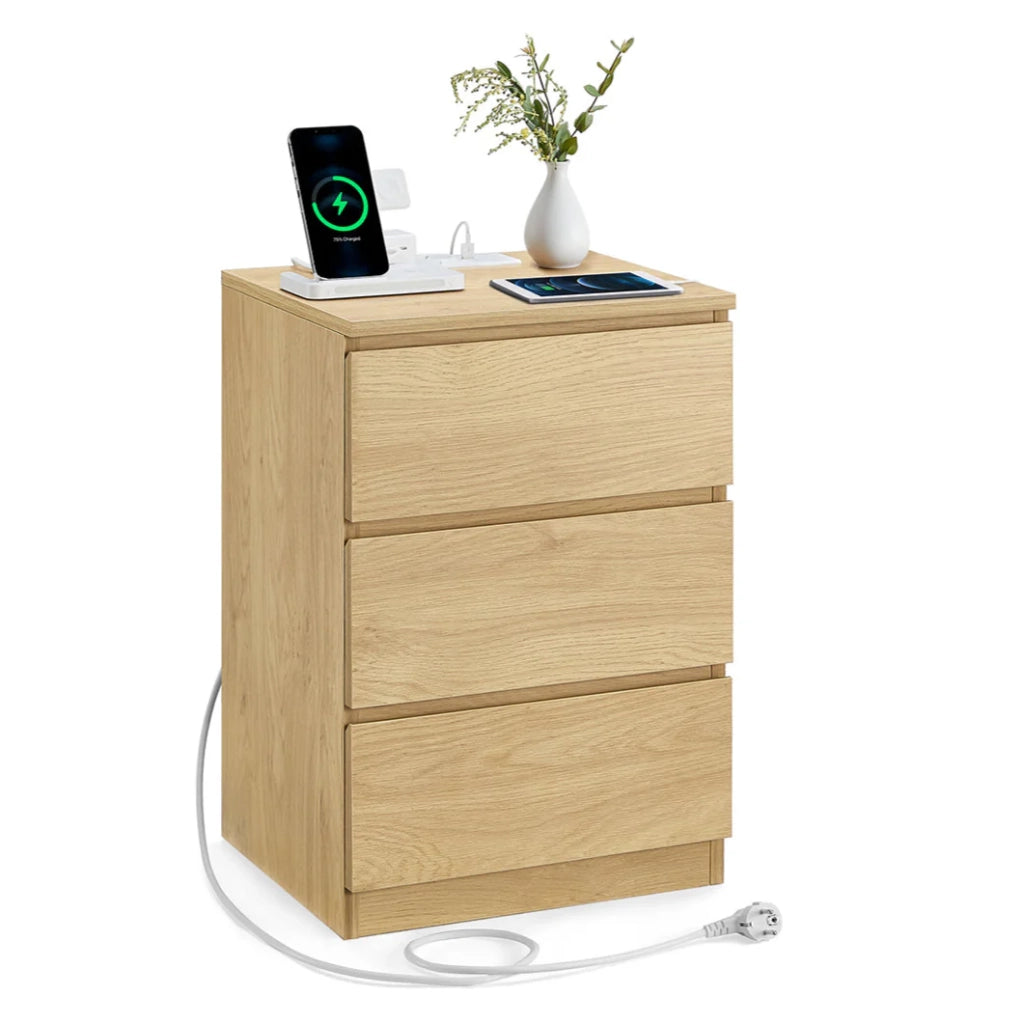 Comodino con multipresa tavolino con 3 cassetti 2 prese CA 2 porte USB frontali dei cassetti smussati per soggiorno camera da letto ufficio moderno 12_0007613