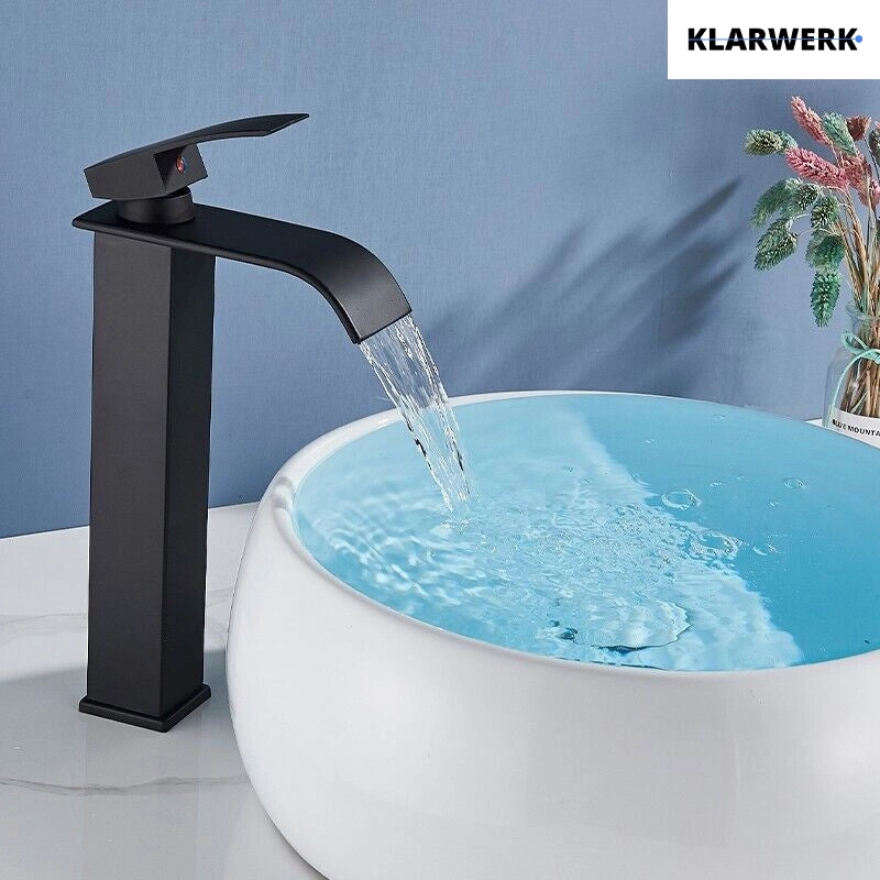 ROSA | Rubinetto da bagno a cascata alto premium nero | Miscelatore Hotel Gastro Premium per lavabo freestanding in acciaio inox con bocca alta
