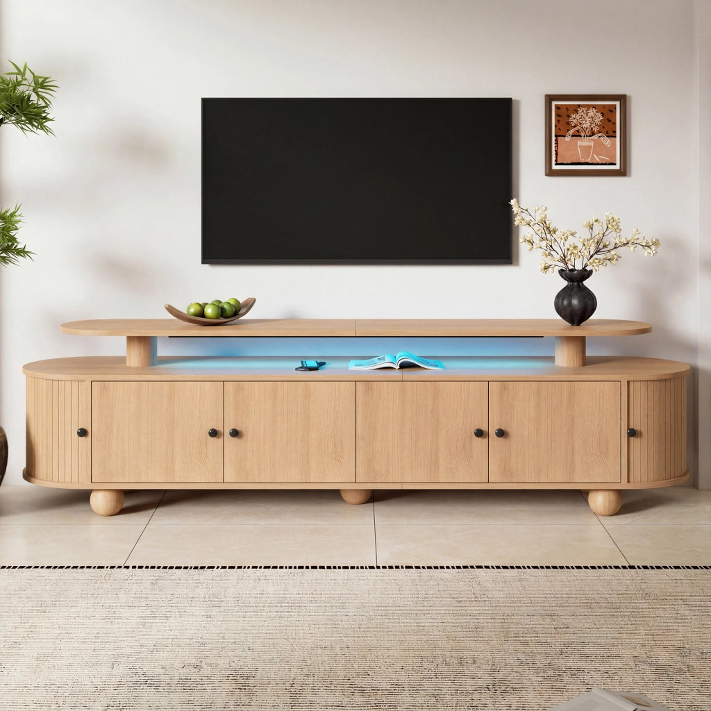 Mobile porta TV ovale a doppio livello con 4 ante e 2 porte scorrevoli, LED ambiente, per soggiorno, naturale 180 × 40 × 48 cm
