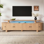 Mobile porta TV ovale a doppio livello con 4 ante e 2 porte scorrevoli, LED ambiente, per soggiorno, naturale 180 × 40 × 48 cm