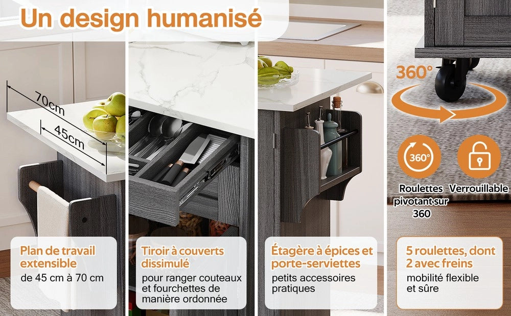 Isola Cucina con Piano Estraibile e Cassetto ¨C Xylo ¨C 120x45 cm, Legno