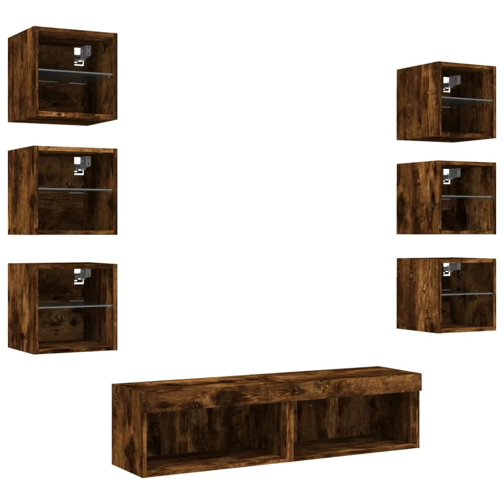 Mobile TV multimediale scaffale TV credenza mobile TV sala da pranzo soggiorno camera da letto con illuminazione a LED 8 pezzi rovere affumicato legno ingegnerizzato marrone 02_0029479