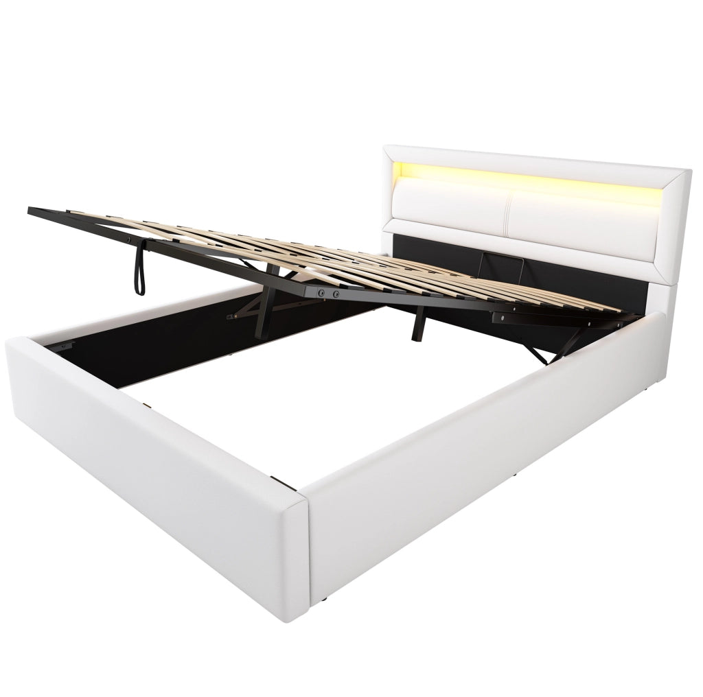 Letto imbottito 140x200 cm con contenitore; rete a doghe e luce LED bianca; bianco in PU