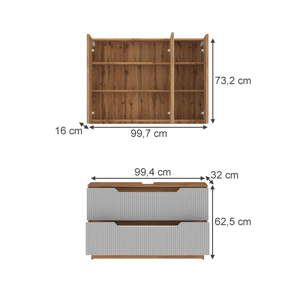 Vicco Set di mobili da bagno Rovere/grigio a righe 2 parti