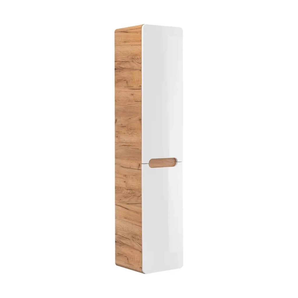 Colonna bagno ERBANO – Rovere chiaro e bianco lucido – 35x68 cm – 2 porte – Da appendere