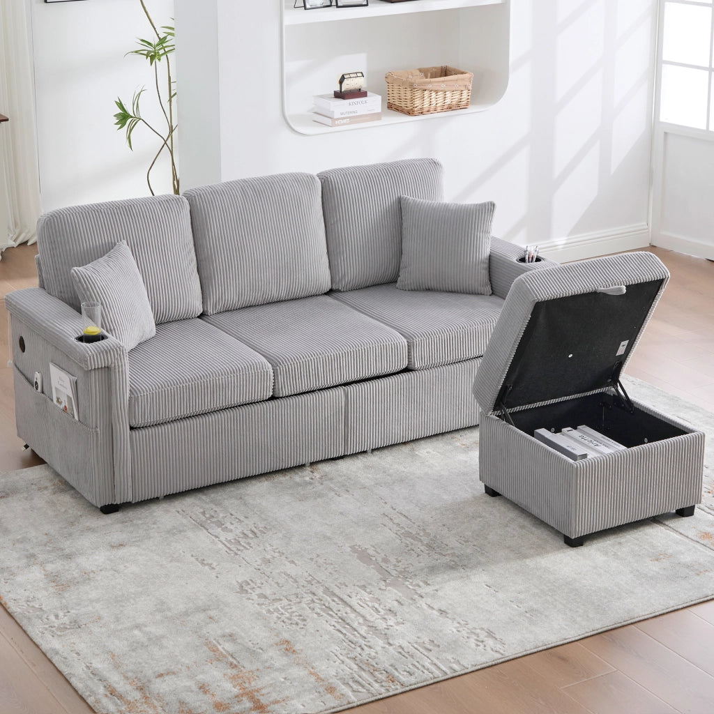 OKWISH Divano Modulare con LED, USB e Type-C, Contenitore, Portabicchieri e Tasche Laterali, Velluto a Coste, Grigio Chiaro