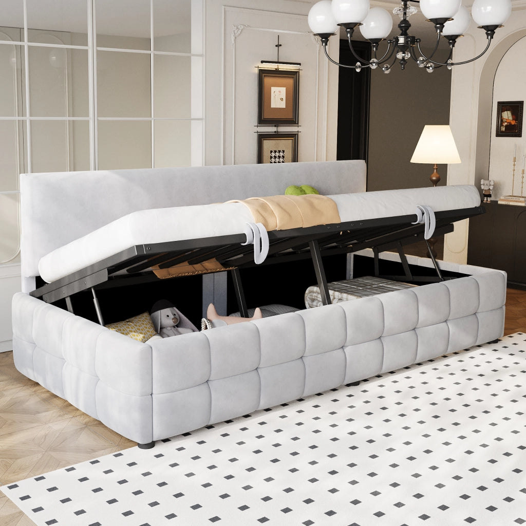 Letto imbottito con vano contenitore idraulico velluto grigio chiaro 90x200 cm