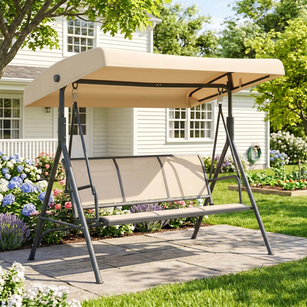 Dondolo da Giardino 3 Posti ¨C zephmum ¨C Beige, Acciaio, Tettuccio