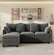 Divano angolare 212x150 cm grigio in ciniglia, chaise longue mobile