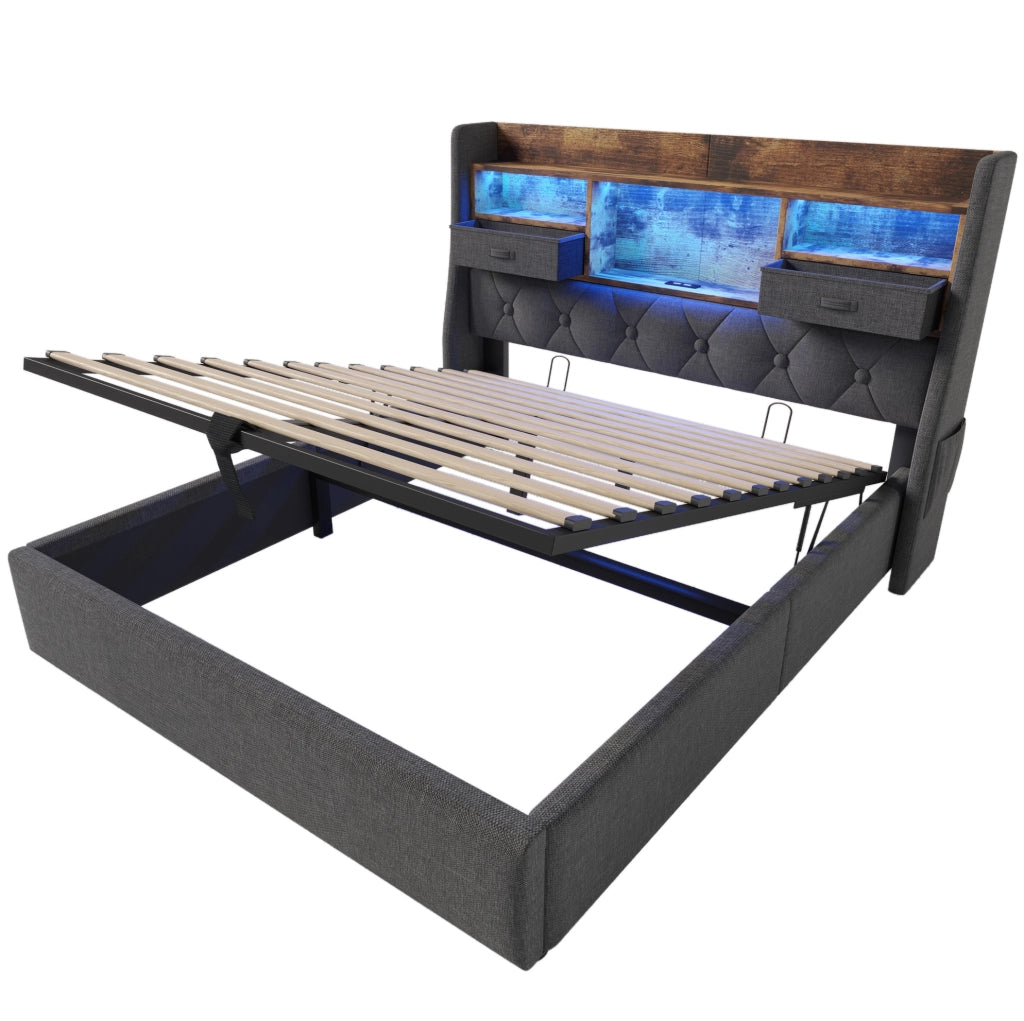 Letto imbottito 140x200 cm con contenitore idraulico, testiera LED e prese di ricarica