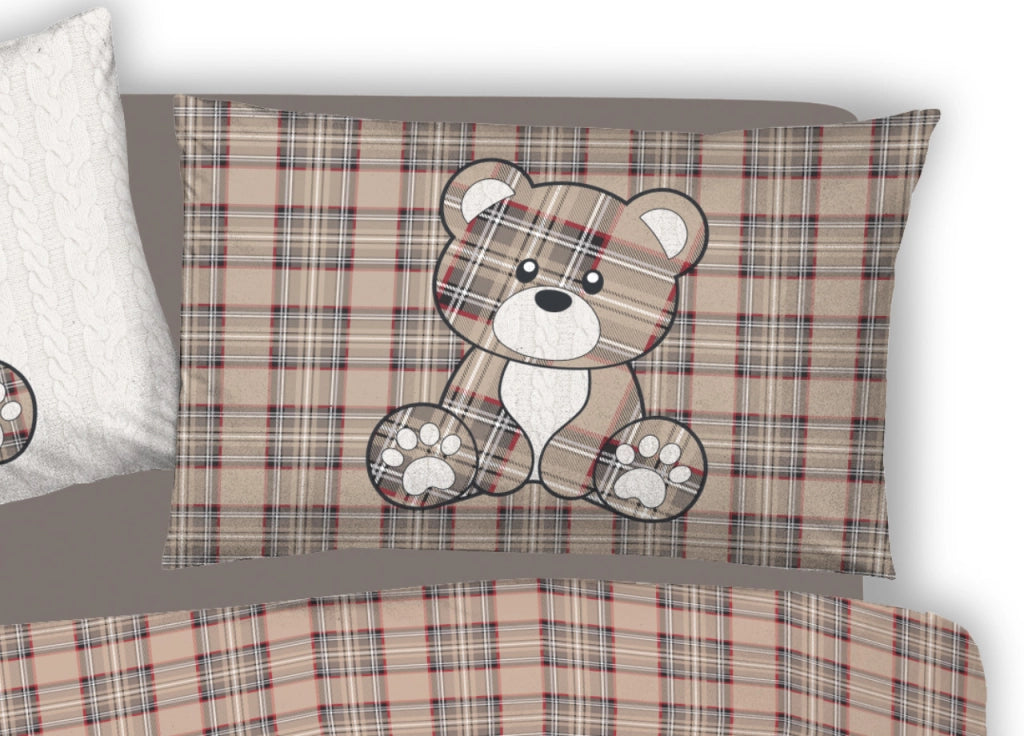 Copripiumino Sacco Piumone Pensieri Delicati 100% Cotone Orsetto Tartan - Singolo - Beige
