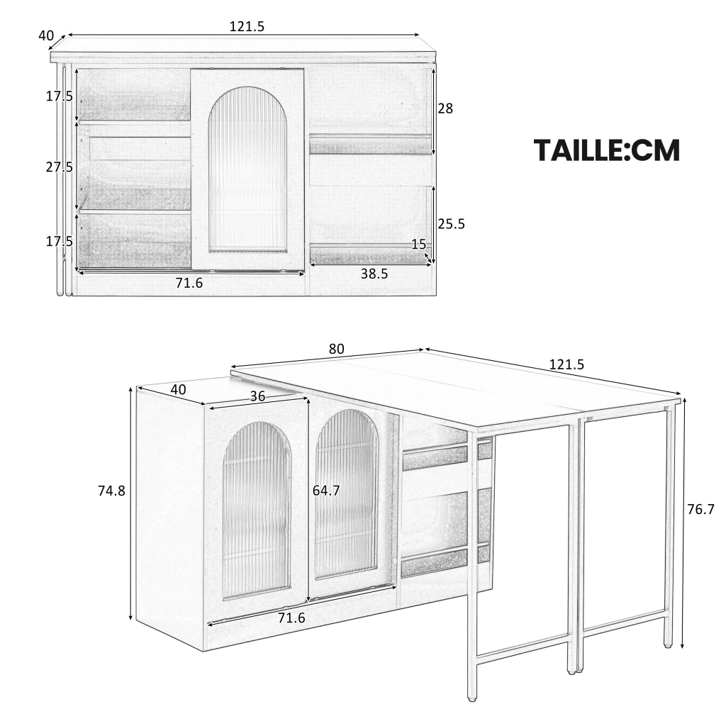 Tavolo Estensibile con 1 Anta; 2 Ripiani Regolabili e Ripiani Aperti; Piano Girevole a 360°; per Cucina; MDF; 121;5 x 40 x 76;7 cm; Nero