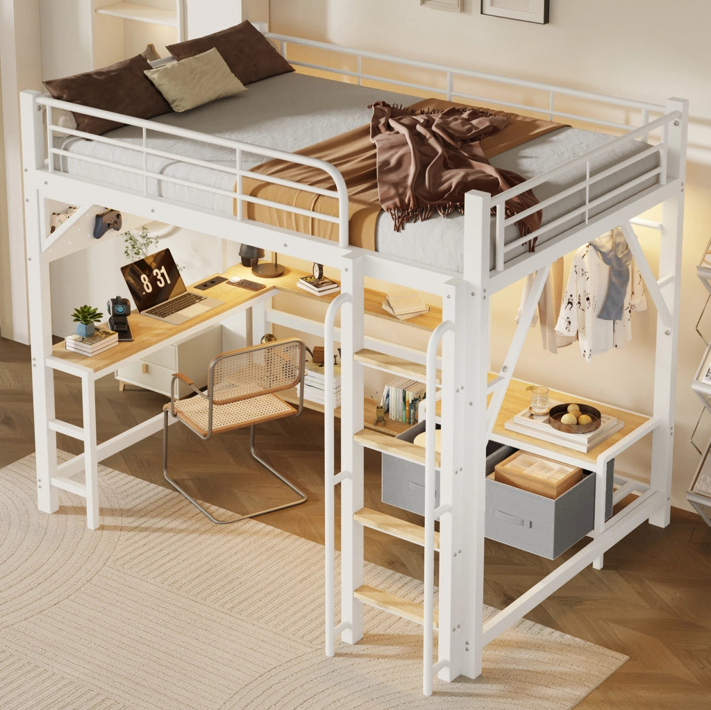 Letto a soppalco 140 x 200 cm bianco con scrivania, LED e USB