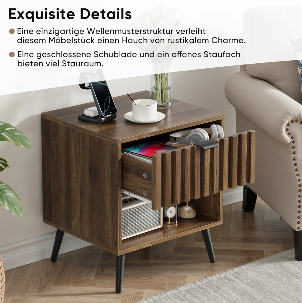 Comodino moderno in MDF effetto noce con cassetto