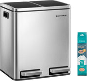 SONGMICS Cestino da Cucina, Doppio Secchio 2 x 15L per Raccolta Differenziata, Pattumiera a Pedale, Coperchi a Chiusura Morbida, Acciaio, Argento Metallizzato e Nero Inchiostro LTB30H