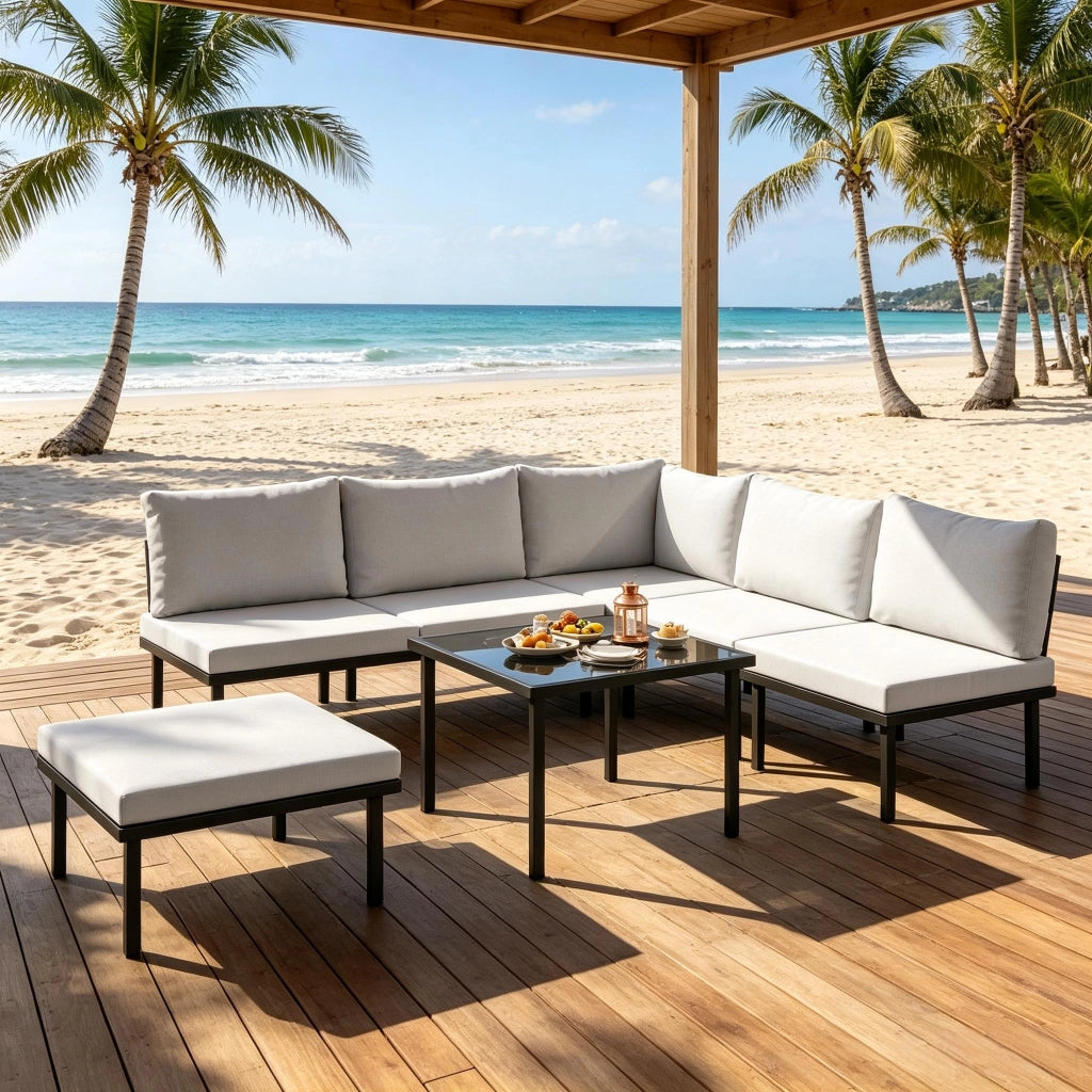 Set lounge da giardino modulare da 6 pezzi con divano a 2 posti, poltrona angolare, tavolino e cuscini