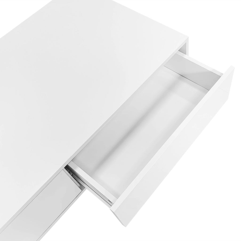Tavolino da caffè 115x55x34 cm; LED integrata e 2 cassetti; finitura lucida; truciolare bianco