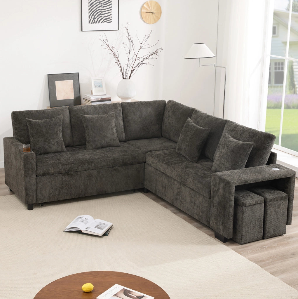 Divano letto angolare modulare 220 cm in ciniglia grigia con chaise longue reversibile e USB