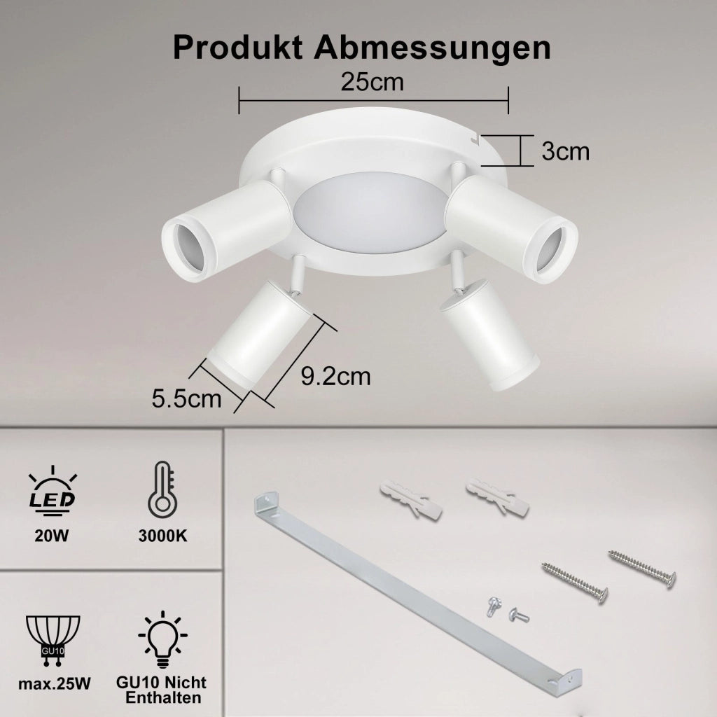ZMH Faretto da soffitto 4 lampadine tonde 20W 3000K GU10 installazione semplice bianco caldo orientabile 350° moderno