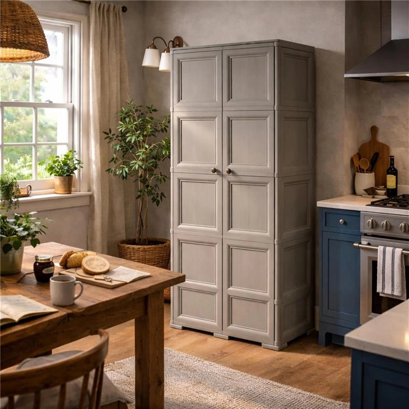 ARMADIO 2 ANTE TAUPE 79X43X203 CM CON 6 SCOMPARTI E VANO PORTASCOPA – MOBILE ALTO ORGANIZZAZIONE CASA PER INGRESSO E LAVANDERIA