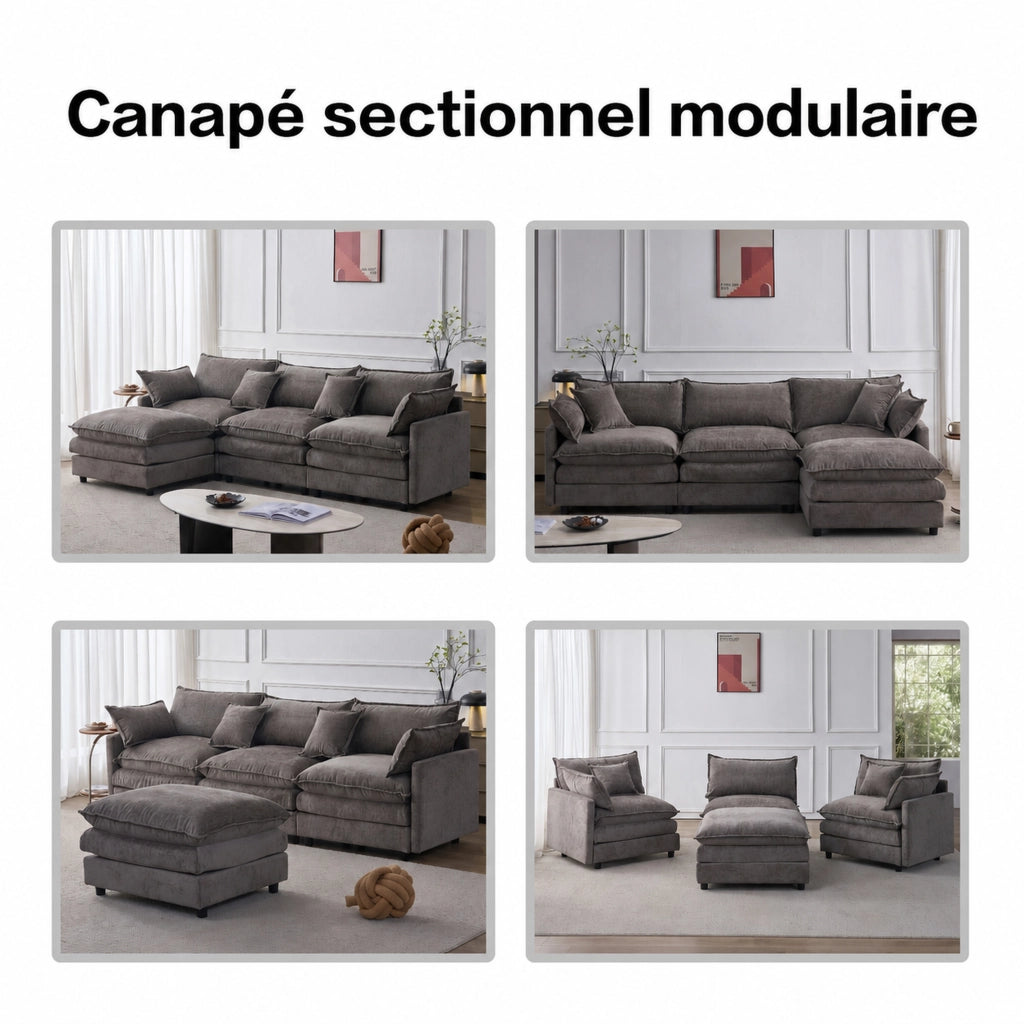 Divano angolare modulare con chaise longue e pouf, tessuto chenille grigio, struttura in legno massiccio, 3 posti