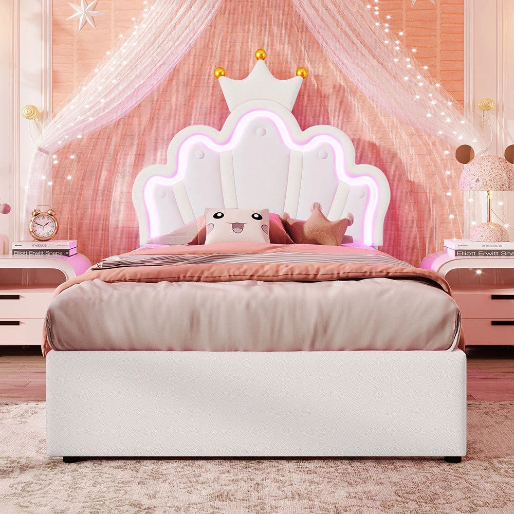 Letto bambino-Xylo-90x200 cm-2 cassetti, LED, testiera corona, PU bianco