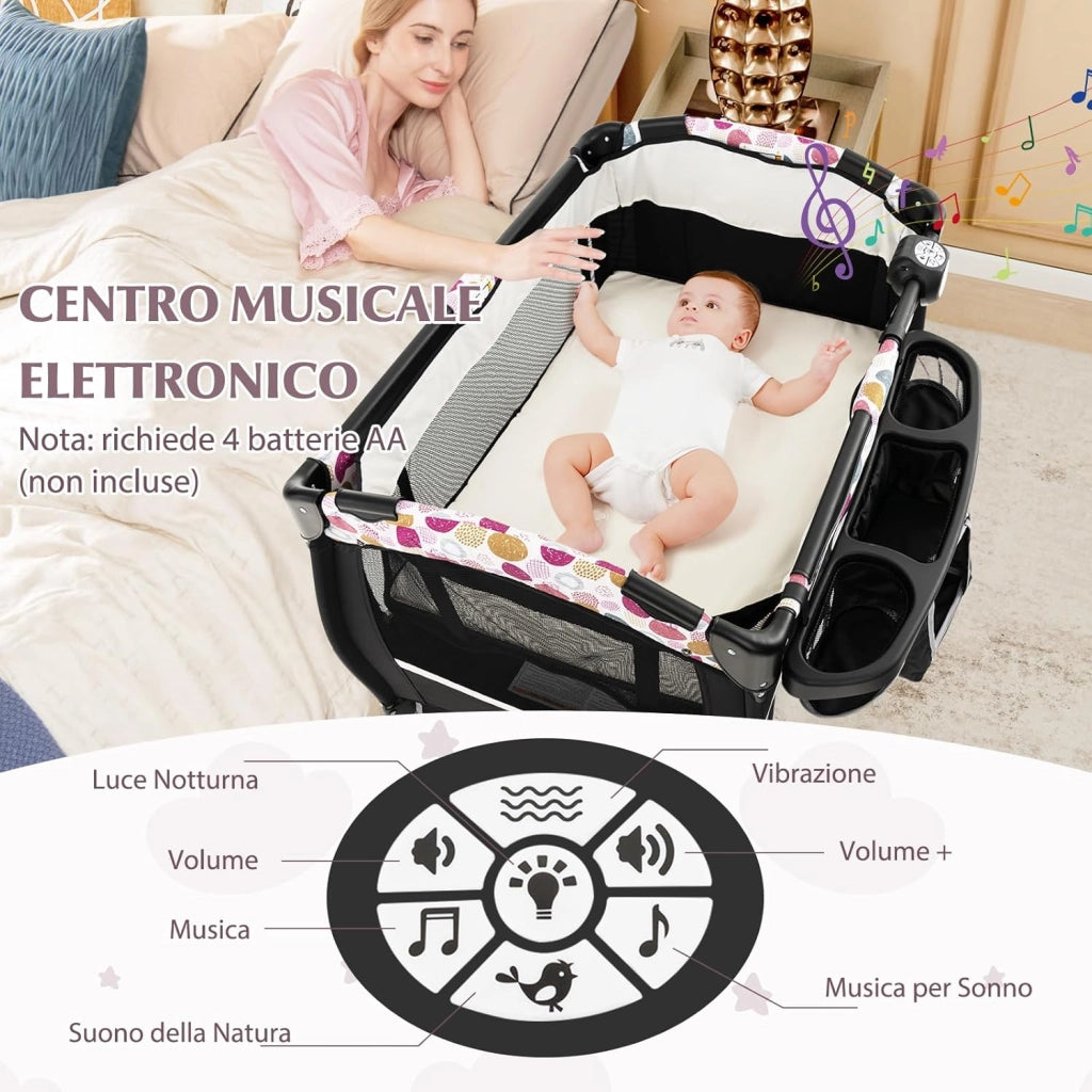 4 in 1 Lettino da Campeggio con Fasciatoio, Lettino Pieghevole per Bambini con Materasso, Centro Neonati con Culla, Box Musicale, Cappottina Regolabile, Borsa da Viaggio (Cuore)
