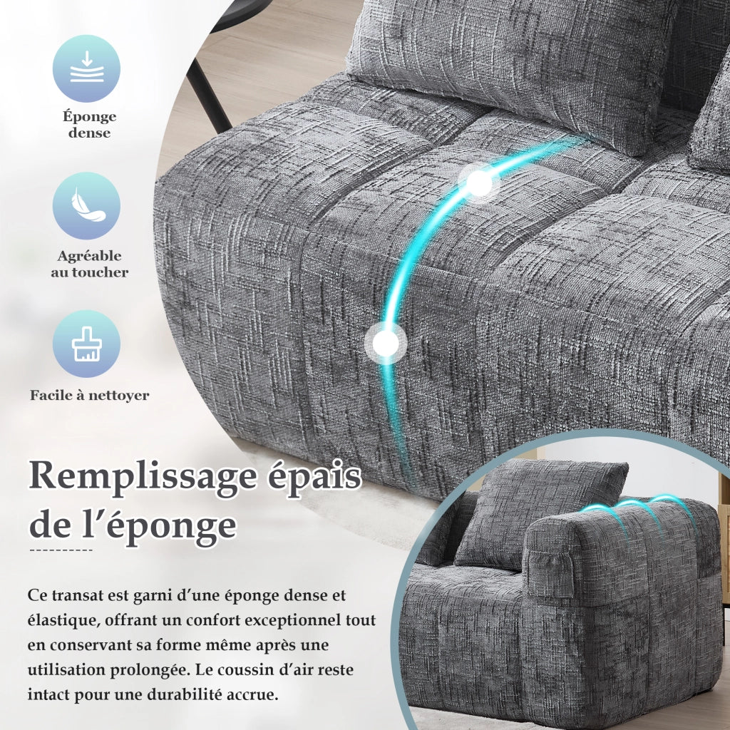 Divano 2 Posti con Chaise Longue e Tasche Laterali; Cuscino Incluso; Comfort Morbido; in Ciniglia Grigio