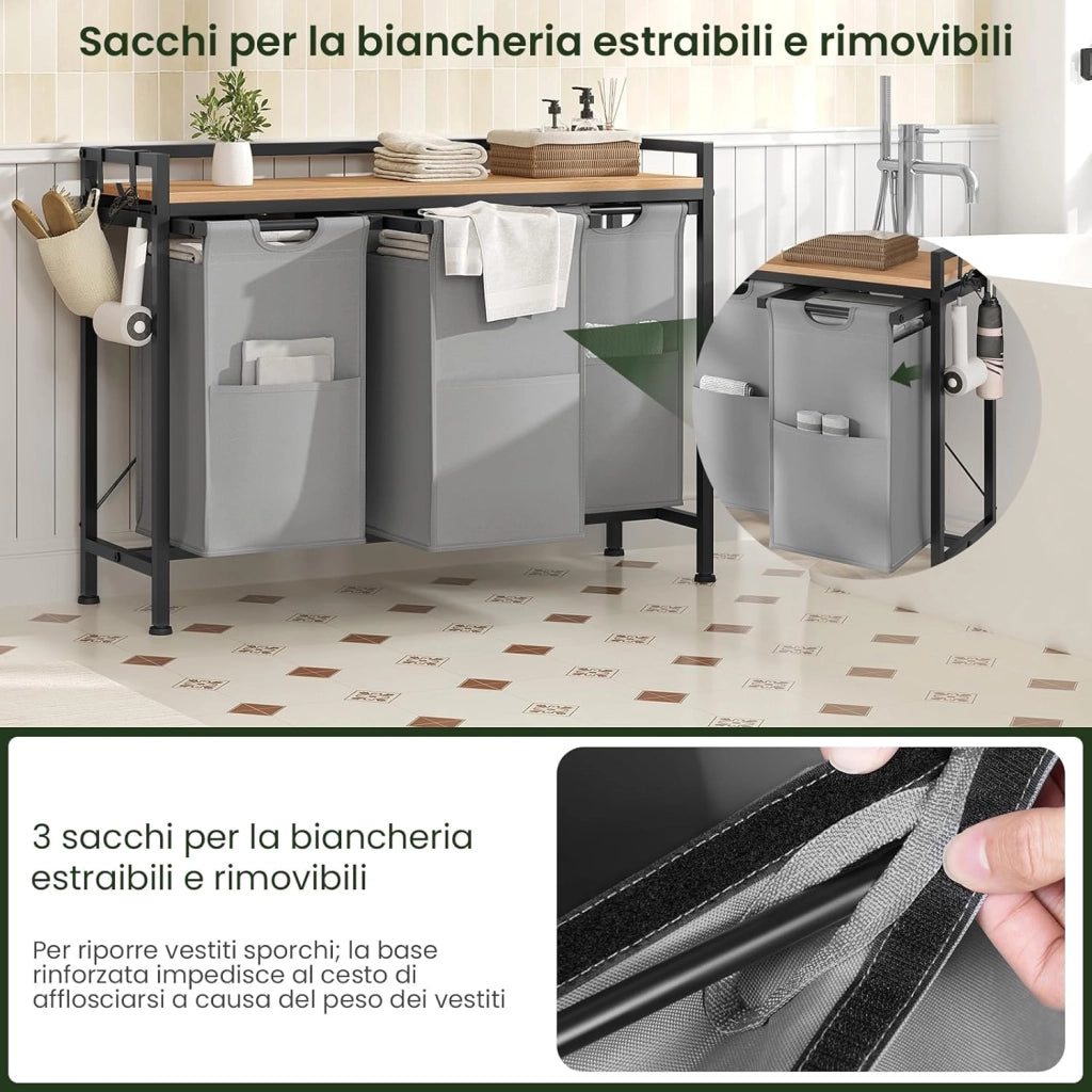 Cesto Portabiancheria, 3 Sacchi in Tessuto Oxford Rimovibili, Porta Biancheria, Struttura in Metallo, per Bagno e Lavanderia, 96x30x71cm, Capacità 40L per Cesto