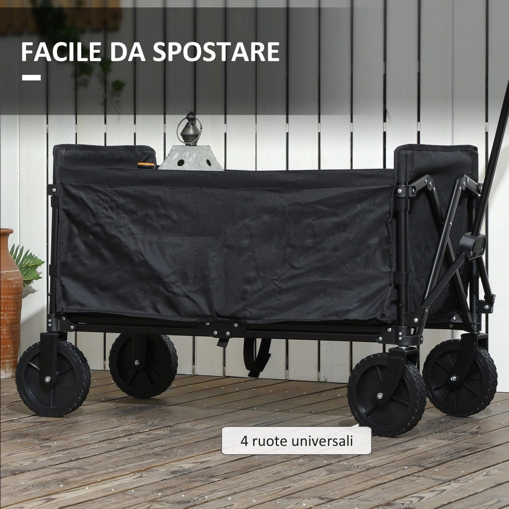 Carrello da Giardino 90x48x62 cm da 120L Pieghevole in Acciaio e Poliestere Nero