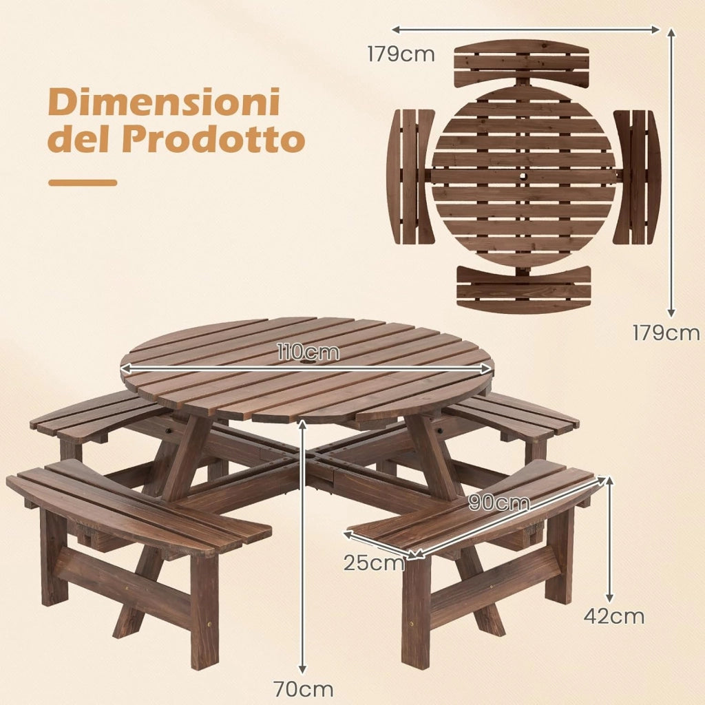 Set Tavolo da Giardino con 4 Panche Integrate, Legno Massiccio, con Foro Ombrellone, per 4-8 Persone, Tavolo Rotondo da Picnic per Esterno, Ogni Panca Porta 250 kg (Marrone, 179 x 179 x 70 cm)